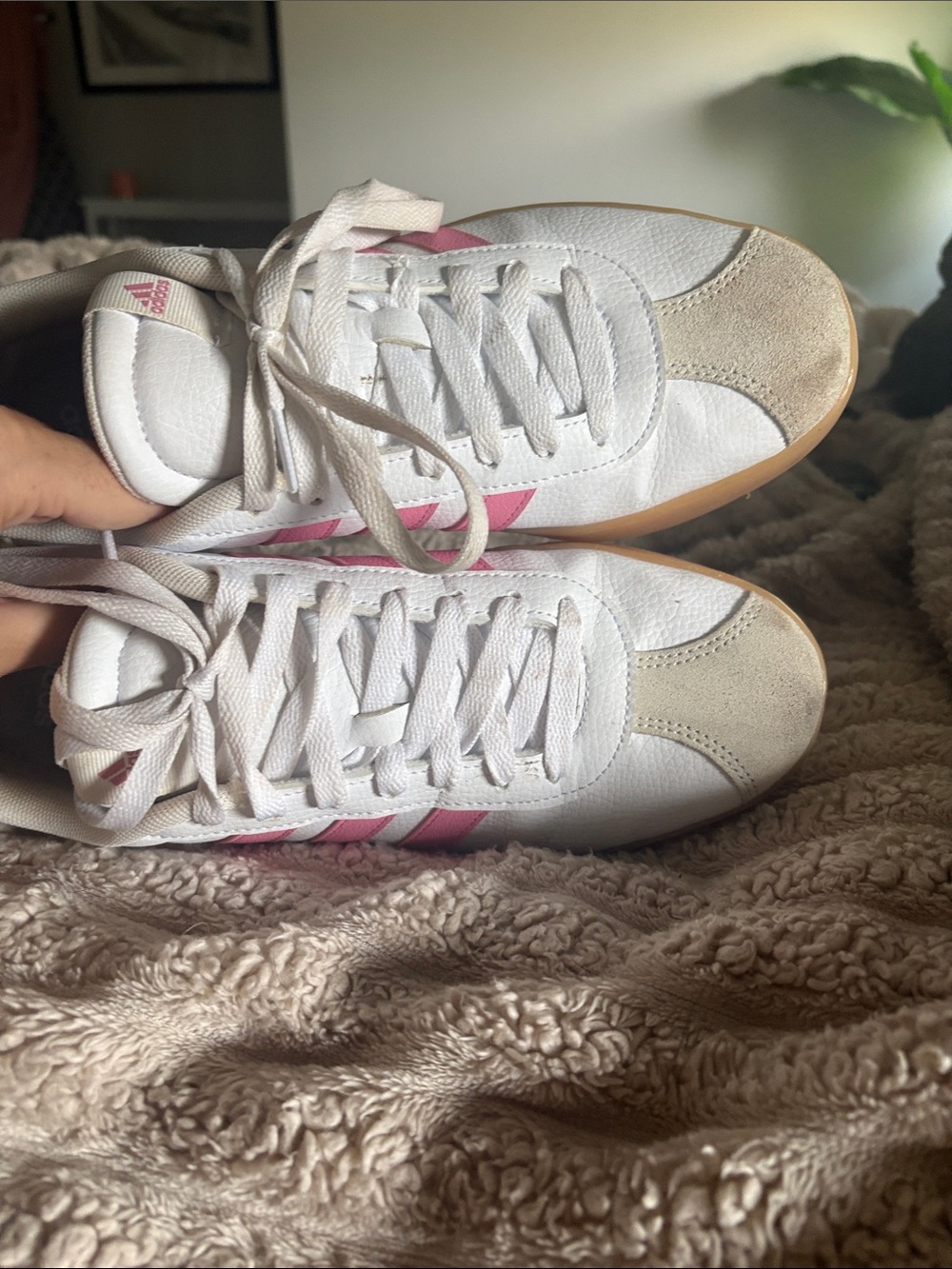 adidas White Sneakers with Pink Stripes and Gum Sole - Picture 2 of 7